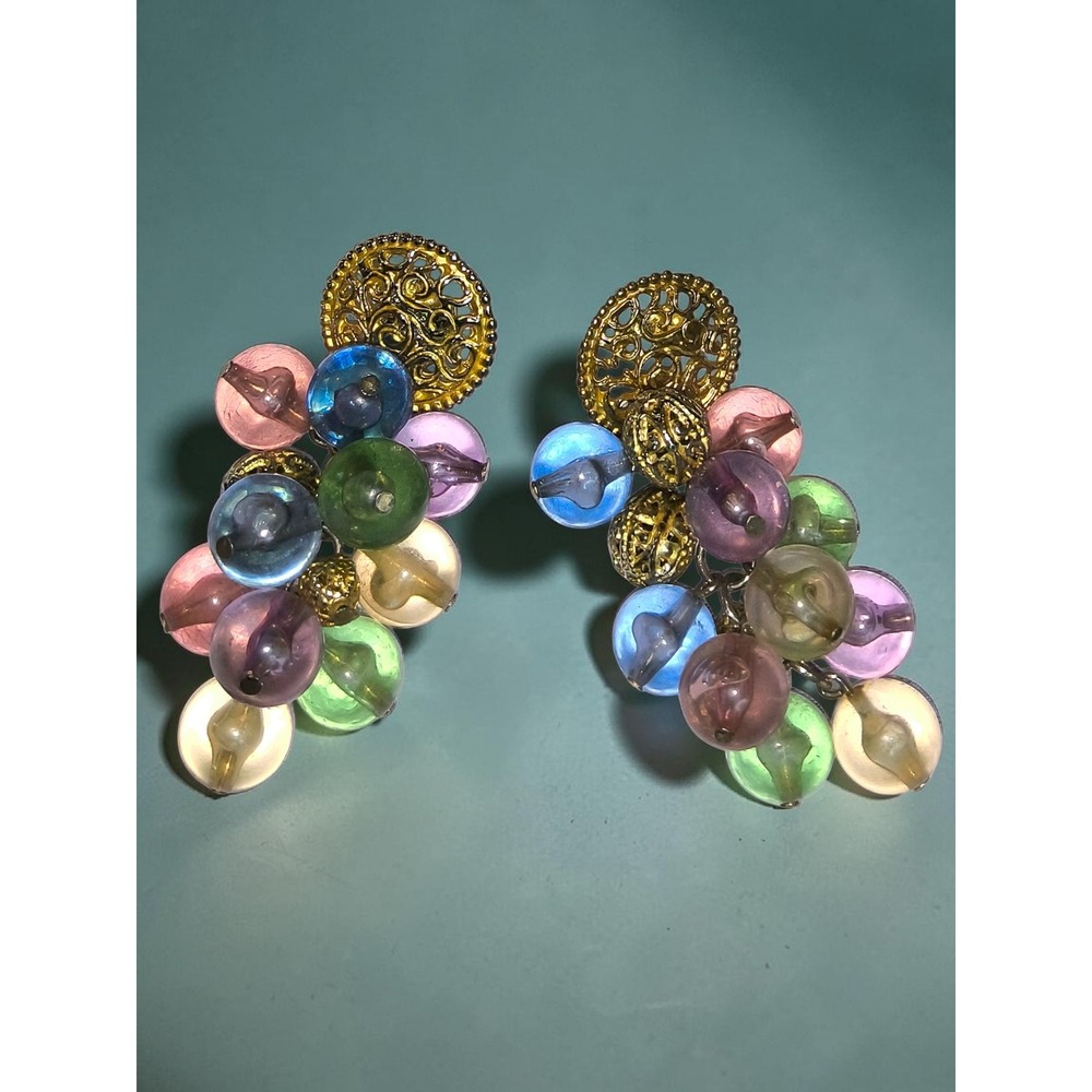 Vintage Pastel Glass Grape Cluster Earrings Gold Tone Filigree Italian Summer
